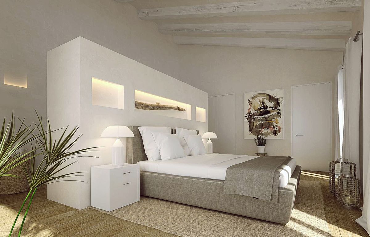 E20 Studio - Diseño de dormitorio en proyecto de obra nueva de vivienda unifamiliar aislada en suelo rústico y construcción de piscina y espacios exteriores - Casa rústica en Mallorca E20 Studio - Diseño de dormitorio en proyecto de obra nueva de vivienda unifamiliar aislada en suelo rústico y construcción de piscina y espacios exteriores - Casa rústica en Mallorca