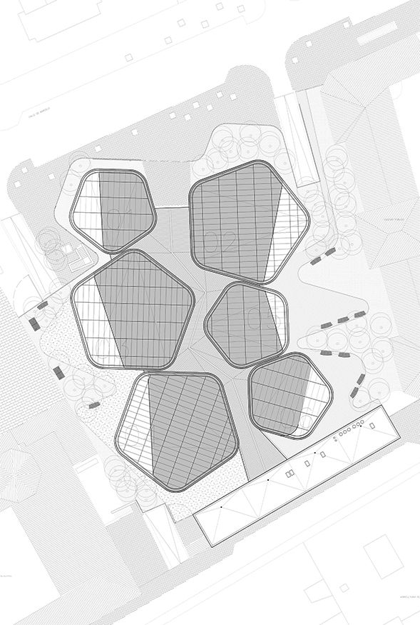 Plano de planta de cubiertas reformadas del edificio Mercado Barceló de Madrid