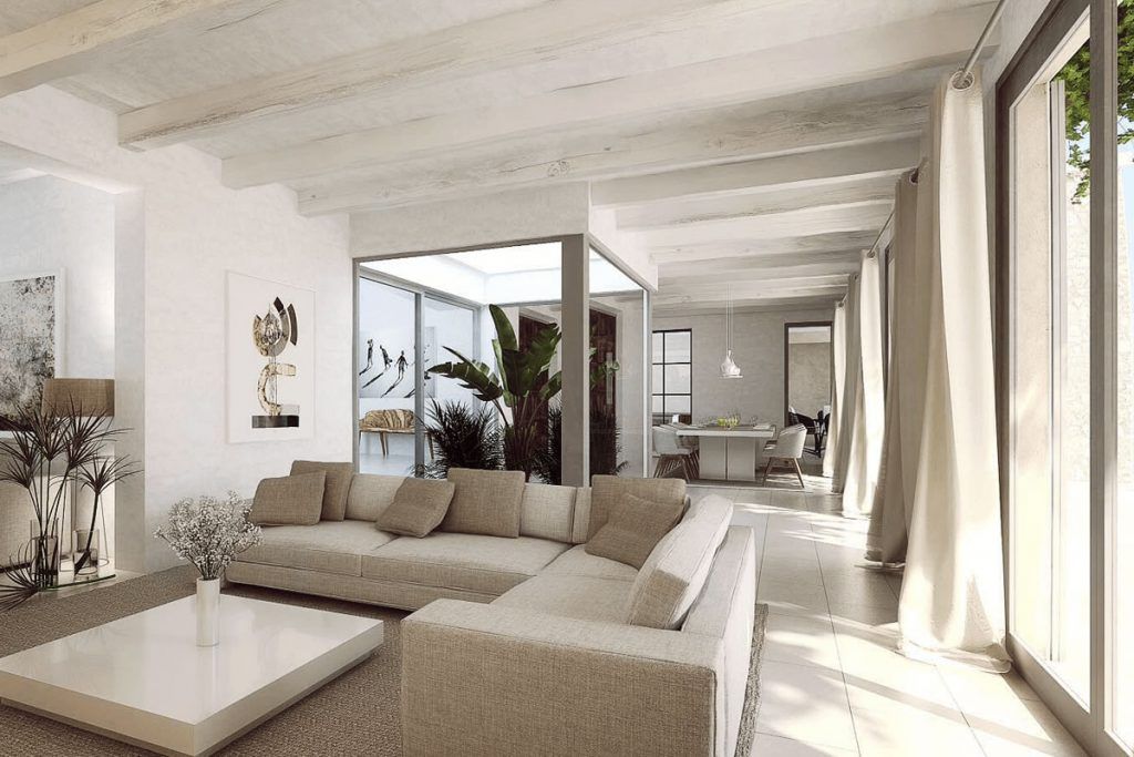 E20 Studio - Gestaltung eines Salons oder Wohnzimmers. Helle Töne und Leinentextil für die Möbel. Innenhof mit natürlichem Licht - Rustikales Haus auf Mallorca